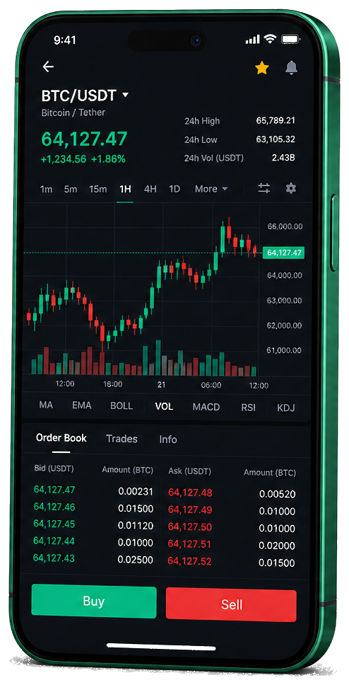 Application mobile Vitesse Finterix — graphique BTC/USDT en direct, carnet d’ordres et outils de trading